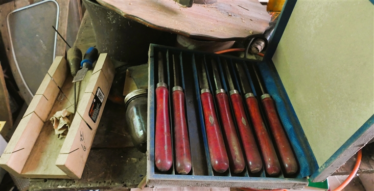 Rolling Wood Work Table and Contents including Craftsman Chisel Set, Craftsman Tool Box, Table - Needs Repair, Clock- Needs Repair, and More