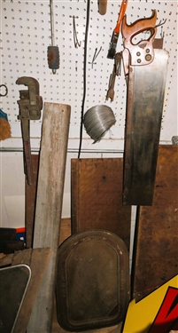 Wall of Tools including Clamps, Boat Windows, Miller Falls Saw, Diston Saw, Router, Wrenches, Wire, Snips, Furniture Parts