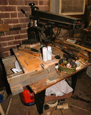 DeWalt Contractors 3 1/2 HP Radial Arm Saw -  Model 7790 Type S and All Things on Top including Oil Lamp, Iron Door Stop, Paint, Hand Tools, Etc. 