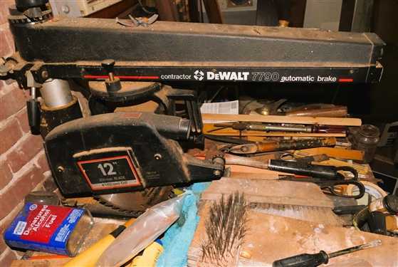 DeWalt Contractors 3 1/2 HP Radial Arm Saw -  Model 7790 Type S and All Things on Top including Oil Lamp, Iron Door Stop, Paint, Hand Tools, Etc. 