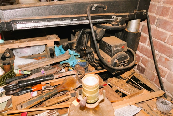 DeWalt Contractors 3 1/2 HP Radial Arm Saw -  Model 7790 Type S and All Things on Top including Oil Lamp, Iron Door Stop, Paint, Hand Tools, Etc. 