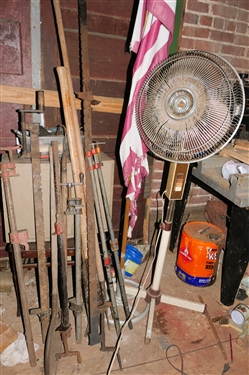 Furniture Refinishing Kit, Bar Clamps, Frog Gig, Flag Holder, Fan, and Yard Tools