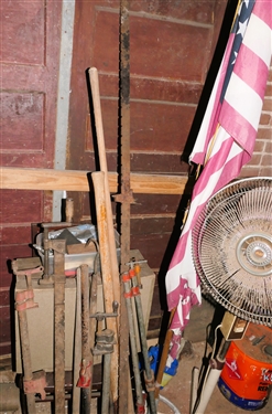 Furniture Refinishing Kit, Bar Clamps, Frog Gig, Flag Holder, Fan, and Yard Tools