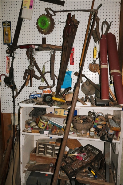 Mixed Lot of Tools including - Square, Draw Knife, Unusual Tool, Sandpaper, Heat Guns, Magnets, T-Nails, Etc. (Take What You Want)