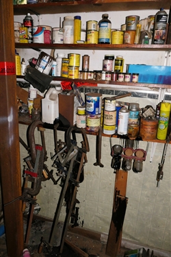 Wall Lot including Lots of C-Clamps, Bar Clamps, Paints, Stains, and Chemicals - (Take What You Want)