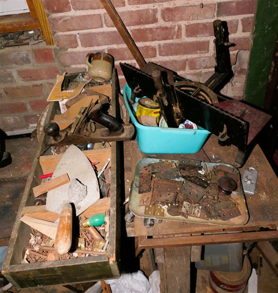 Lot of Tools and Hardware including Plane, Hinges, Trowel, Etc., 