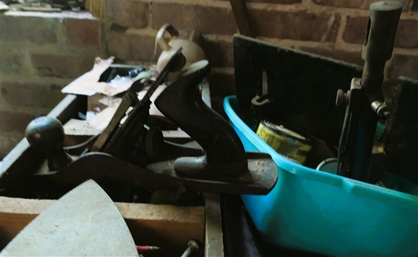 Lot of Tools and Hardware including Plane, Hinges, Trowel, Etc., 