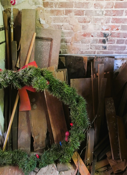 Wood, Boards, Furniture Parts, and Huge Christmas Wreath -
