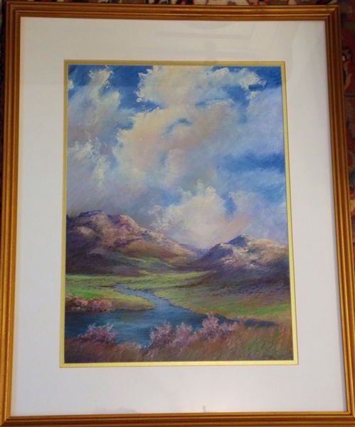 Artist Signed H. Clark Painting of Mountain and River Scene - Nicely Framed and Matted - Frame Measures 27" by 21 1/2"