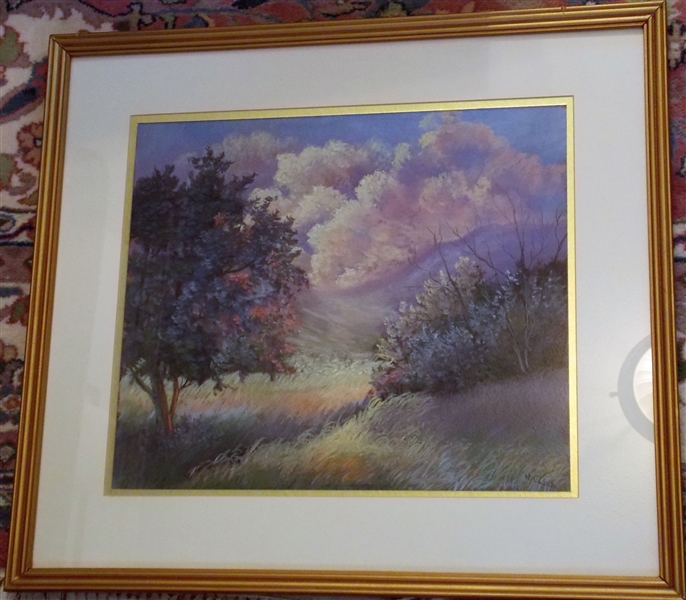 Artist Signed H. Clark Painting of Trees and Clouds - Purple and Pinks - Nicely Framed and Matted - Frame Measures - 23" by 25 1/2"