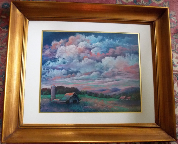 Large Artist Signed H. Clark Painting of Farm Scene - in Large Gold Frame - Frame Measures 28 1/2" by 34"