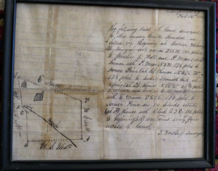 Feb. 16th 1864 Land Survey - Plat Hand Drawn  Framed Deed Frame measures 8 3/4" x 10 1/4"