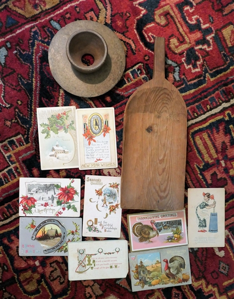 Handmade Wooden Scoop, Pottery Churn Lid with Some Nicks, and Lot of Old Postcards