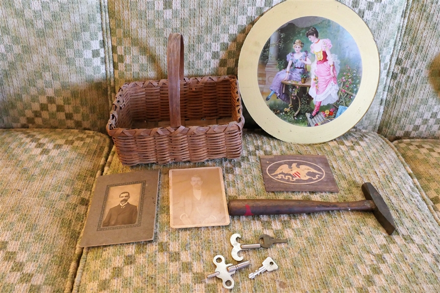 Early Oak Split Basket, Keys, Flu Cover - Missing Edging, Inlaid Eagle, Hammer, and 2 Photos