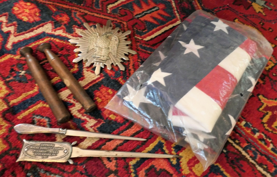 American Flag, Metal Pendant with Eagle - 5" Across, Lynchburg Mills Letter Opener, Wood Muddlers, and Another Letter Opener