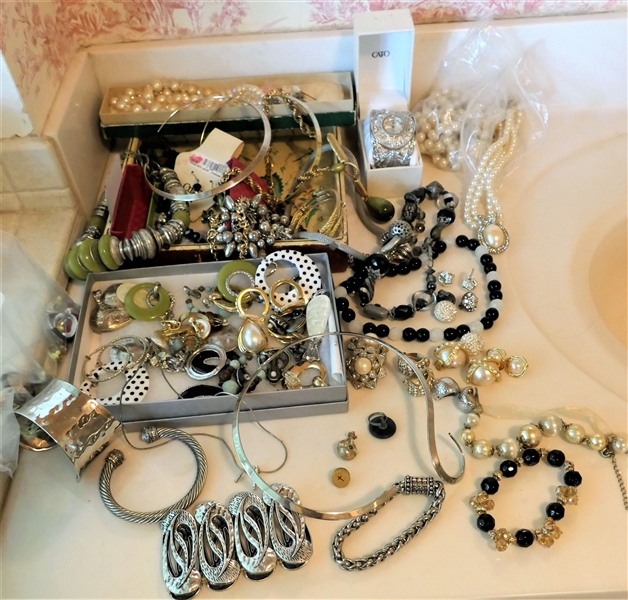 Large Lot of Jewelry Including Sterling Necklace, Beaded Necklaces, Earrings, Watches, Etc. 