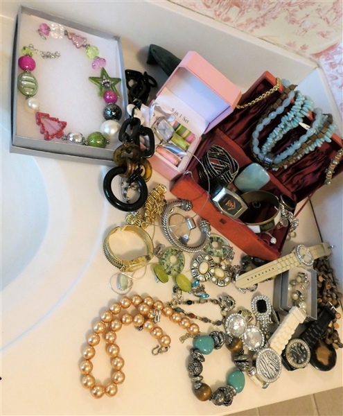 Lot of Jewelry including Christmas Necklace, Beaded Necklaces, Watches, Rhinestones, Sterling Pendant, Bracelet, Etc. 