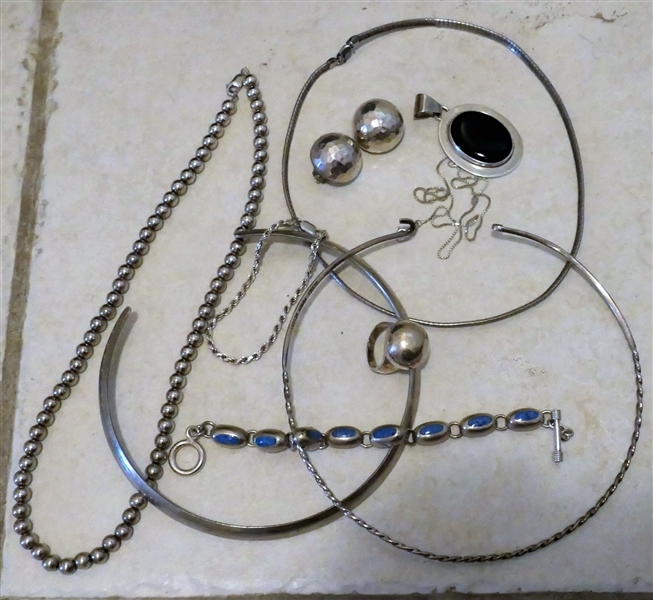 Lot of Sterling Silver Jewelry including Beaded Necklace, Ring, Earrings, Mexico Bracelet, and Mexico Black Onyx Pendant