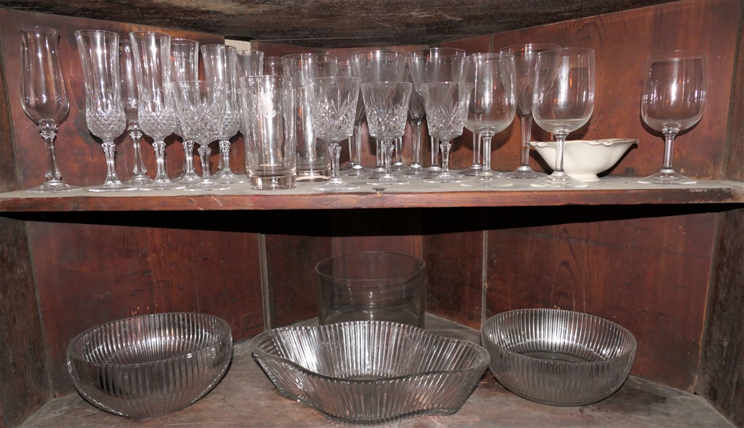 2 Shelves of Glassware including Ribbed Bowls, Wine Glasses, Champagne Glasses, Porcelain Bowl, Etc.