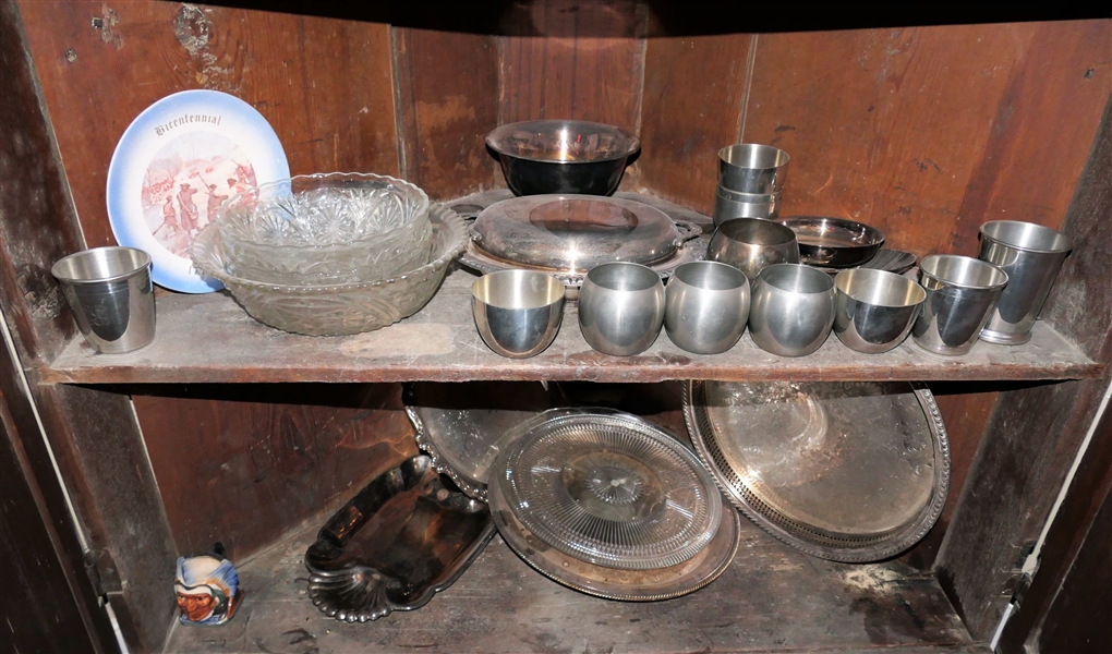 Lot of Silverplate, Pewter, and Glassware including Trays, Jefferson Cups, Julep Cups, Etc. 