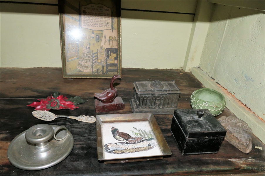 Shelf Lot including 1907 Spoon, Wood Carved Bird, Chunk of Lead, Pottery Bowl, and Square Tin Box