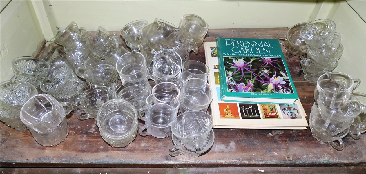 Shelf Lot including Lots of Punch Cups, "Perennial Garden Book", and "Discovering Antiques"