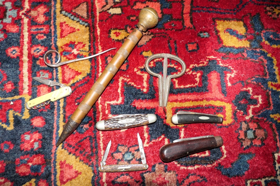 Lot of Knives, Jews Harp, and Unusual Copper Piece, Knives include Schrade with Wood Handle and Robeson Pocket Eze