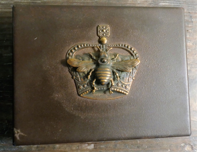 Metal Card Box with Crown and Bee Emblem on Top -By  Jan Barboglio - Measures 1 1/2" tall 5 1/2" BY 4 1/4" 