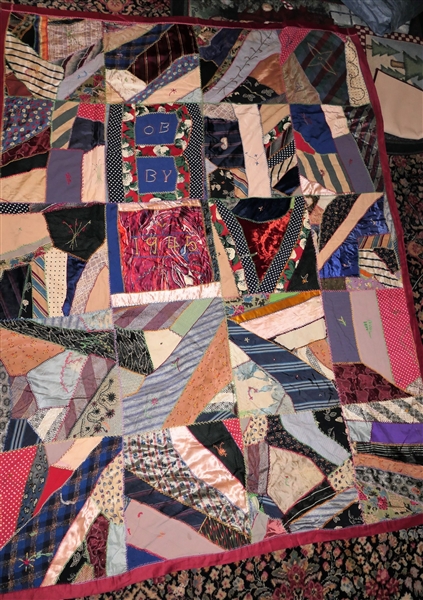 1945 Dated Crazy Quilt - Measures - 77" BY 58" - Some Small Tears 