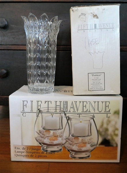 Fifth Avenue Crystal Vase and Pair of Candle Holders - With Original Boxes