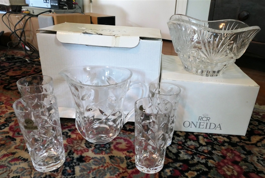 Oneida Crystal Nobils Bowl and Oneida Laurus Crystal Pitcher and Glass Set - All New in Boxes