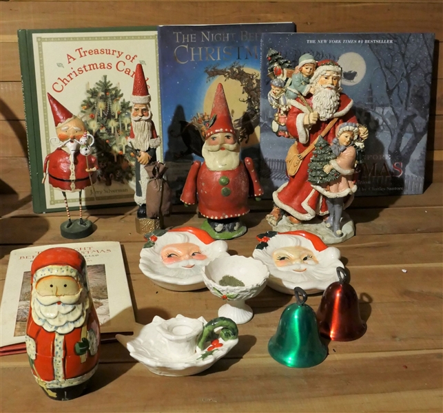 Lot of Christmas Including Hard Cover Books, Figures, Nesting Doll, and Reed and Barton Bells 