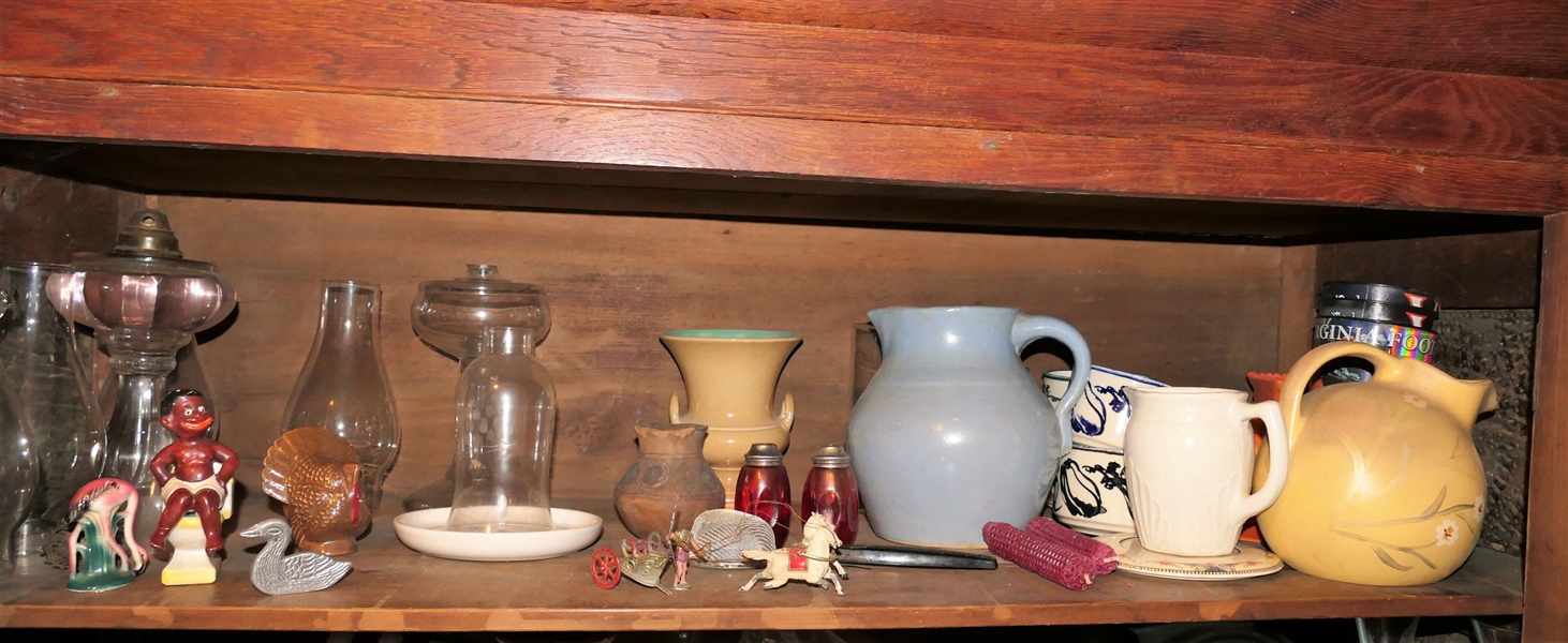 Shelf Lot including Pitchers, Salt and Peppers, Oil Lamps, Chariot, and Vase