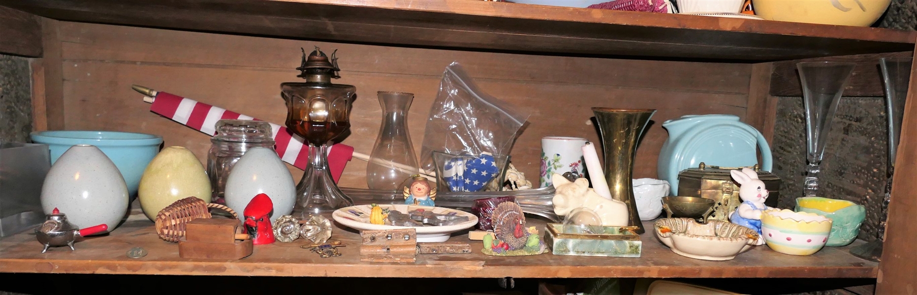 Shelf Lot including Egg Vases, Oil Lamp, Miniature Basket, Ashtrays, Pitcher with Lid, Etc. 