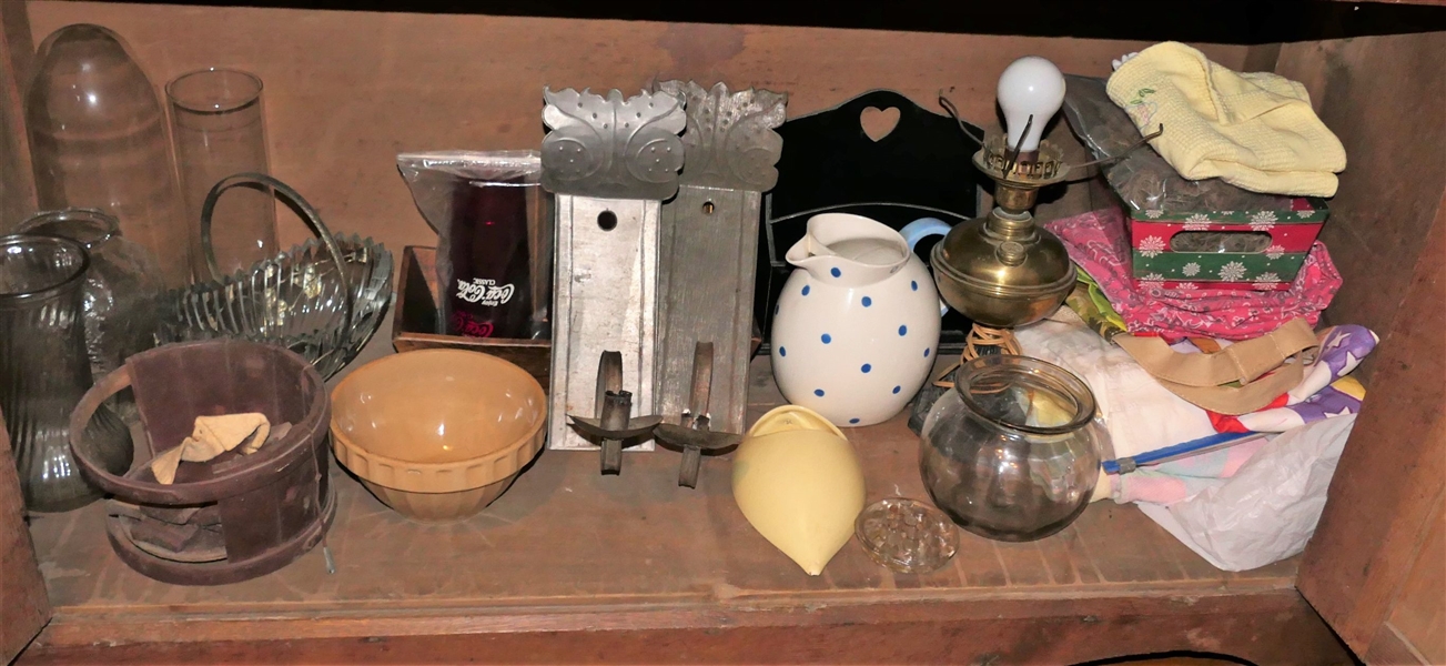 Shelf Lot including Pitcher, Lamp, Mixing Bowl, Wall Vase, Tin Candle Sconces, Etc. 
