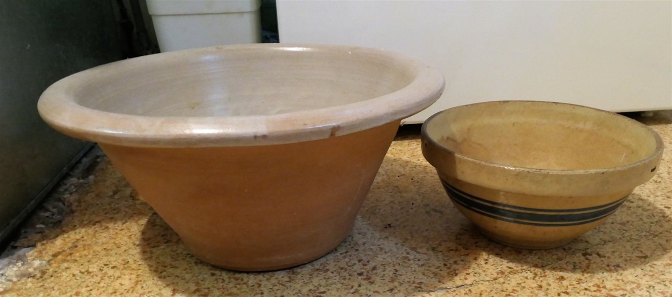 Large Pottery Bowl and Stone Mixing Bowl with Blue Bands - Pottery Bowl Measures 16" Across