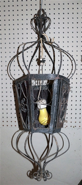 Early Wrought Iron Stained Glass Hanging Lantern - Missing 2 Glass Panes - Measures 32" Long