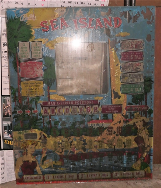 "Sea Island" Pinball Machine Back Glass - Some Paint Loss - Measures 31" by 25" 