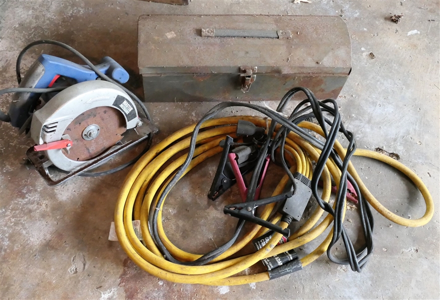 Metal Tool Box Full of Tools, Jumper Cables, and Circular Saw
