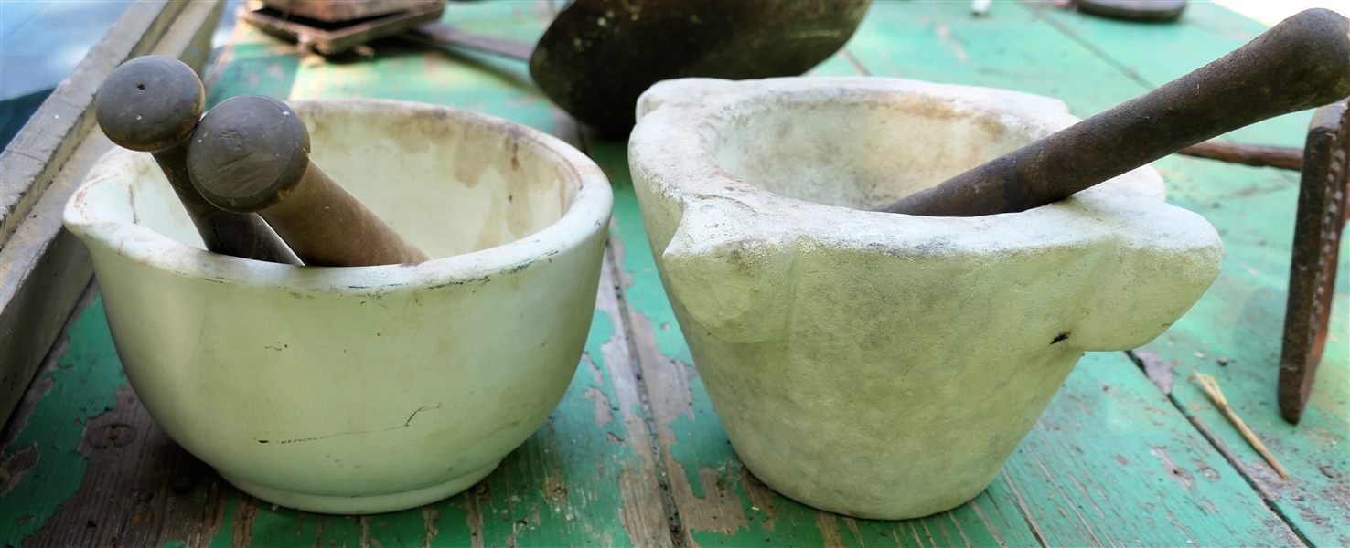 2 Mortar and Pestles - 1 Ceramic and 1 Stone - Stone Measures 5 1/2" by 10" 