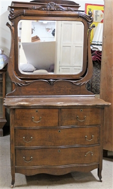 Oak Serpentine Front and Drawer Dresser with Beveled Mirror - Original Finish - Measures 33" tall 42" by 20 1/4" 