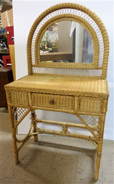 Wicker Vanity with Mirror and Drawer - Measures 53" tall 29 1/2: by 16" - Some Wicker Fraying on Legs