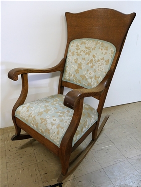 Nice Oak Rocker with Light Blue Floral Upholstery - Measures 42 1/2" tall 24" by 22" 