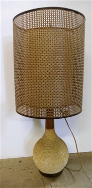 Mid Century Modern Lamp with Pottery and Wood Base - Nice Wicker Shade - Measures 30" tall 