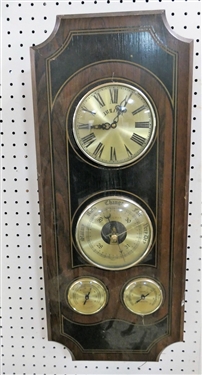 Bulova Clock, Thermometer, Barometer, Hydrometer - On Wood Plaque - Measures 28" long by 12" Across