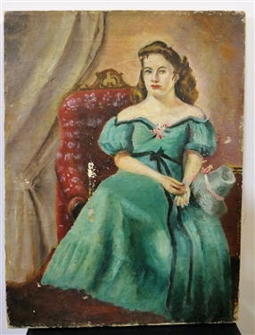 Painting in Canvas of Lady in Green Dress -Some Paint Loss -  Measures 16" by 12" 