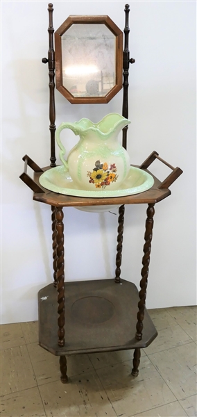 Wood Wash Stand with Bowl and Pitcher - Mirrored Back