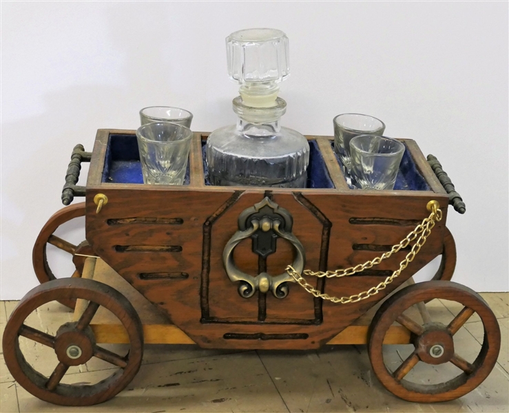 Wood Wagon Cocktail Set with Decanter and 4 Shot Glasses -Cart Measures 8" tall 17" by 7" 