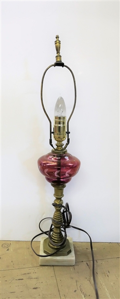 Cranberry Etched Table Lamp with Marble Base - Measures 22" Overall 