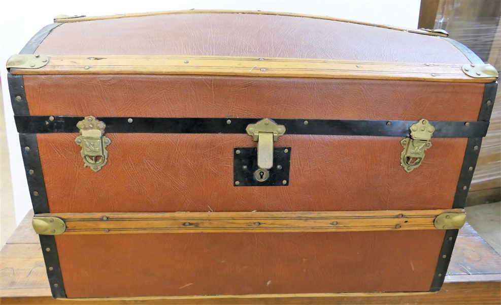 Material Covered Round Top Trunk - Wood Handles -With Tray - Measures 19" tall 28 1/2" by 16"